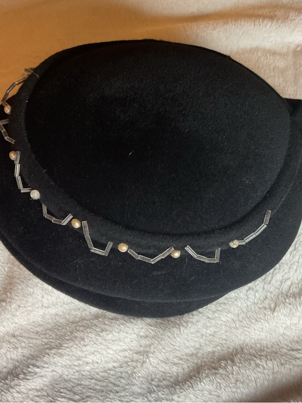 Vintage 50s 60s Genuine Velour Fur Felt Pillbox Hat Beaded Glass Pearl Brown - Picture 3 of 7